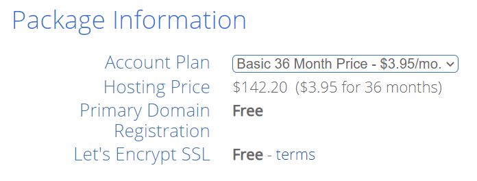 Bluehost package information