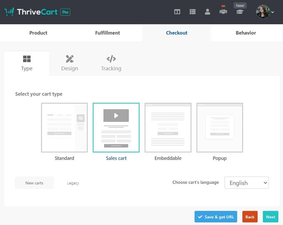 Screenshot of cart options in ThriveCart