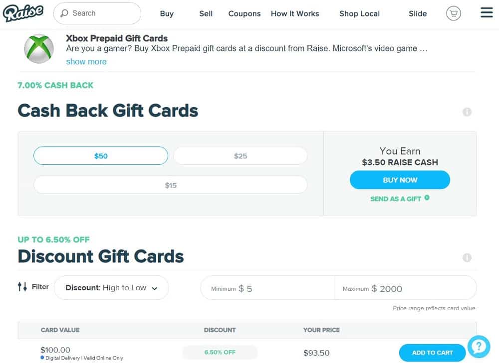 Xbox gift cards on Raise