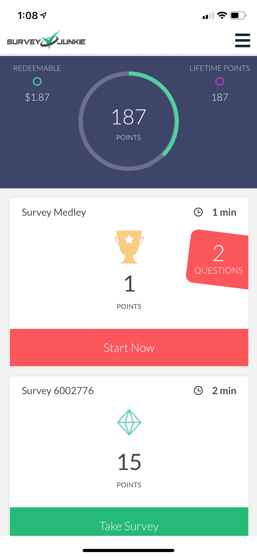 Survey junkie points screenshot